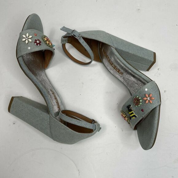 Rampage Skye Denim Bee Flower Embellished Ankle Strap Sandal Heels Size 7 - Picture 5 of 9